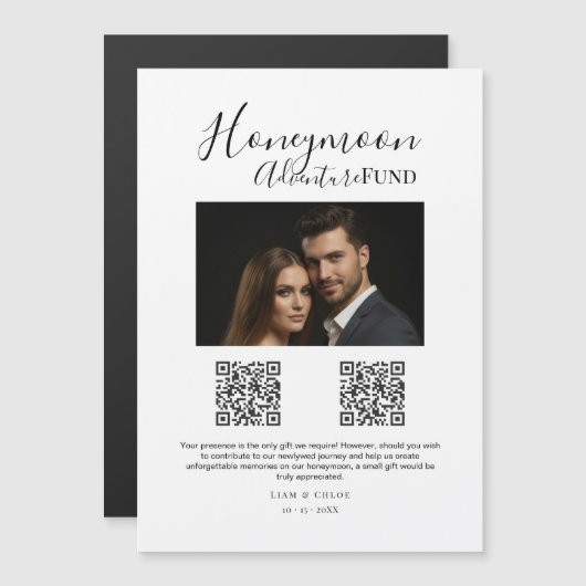 Elegant Honeymoon Fund QR Code Wedding Sign photo Magneteinladung (Vorne/Hinten)