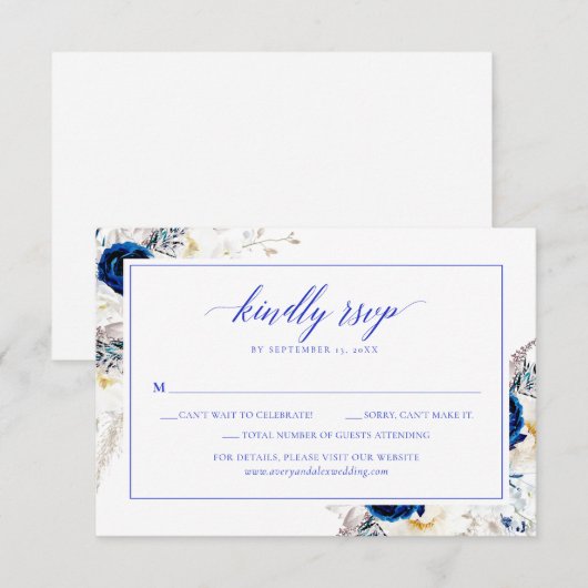Elegant Horizon Blue Calligraphy Wedding RSVP Card Dankeskarte (Vorne/Hinten)