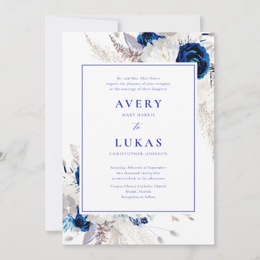 Elegant Horizon Blue & White Floral Wedding Invita Einladung (Vorderseite)