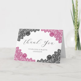Elegant Hot Pink and Black Floral Lace Wedding Dankeskarte