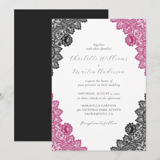 Elegant Hot Pink and Black Floral Lace Wedding Einladung (Vorne/Hinten)