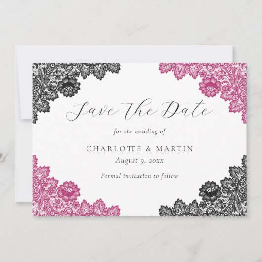 Elegant Hot Pink and Black Floral Lace Wedding Save The Date (Vorderseite)