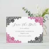 Elegant Hot Pink and Black Floral Lace Wedding Save The Date (Stehend Vorderseite)