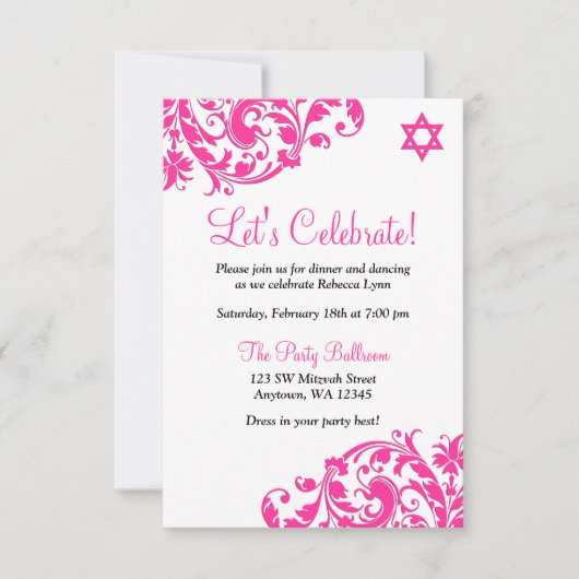 Elegant Hot Pink Blüh Bat Mitzvah Empfang Einladung (Vorderseite)