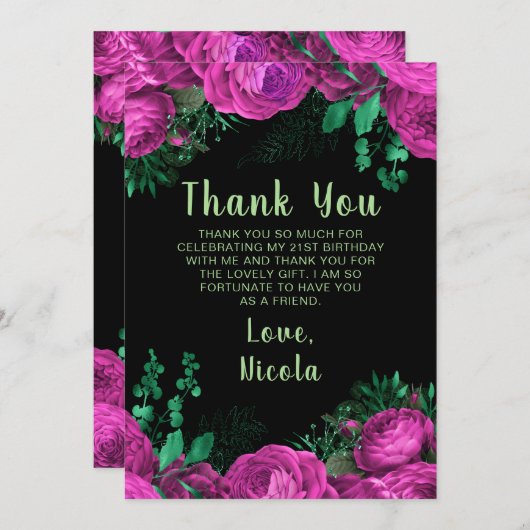 Elegant Hot Pink Flowers Birthday Party Dankeskarte (Vorne/Hinten)