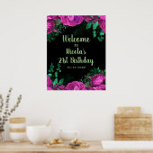 Elegant Hot Pink Flowers Birthday Party Welcome  Poster (Küche)