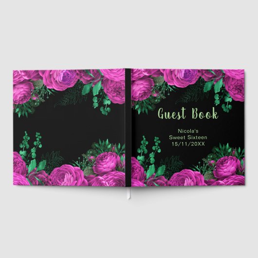 Elegant Hot Pink Flowers Sweet Sixteen Gästebuch (Voll)