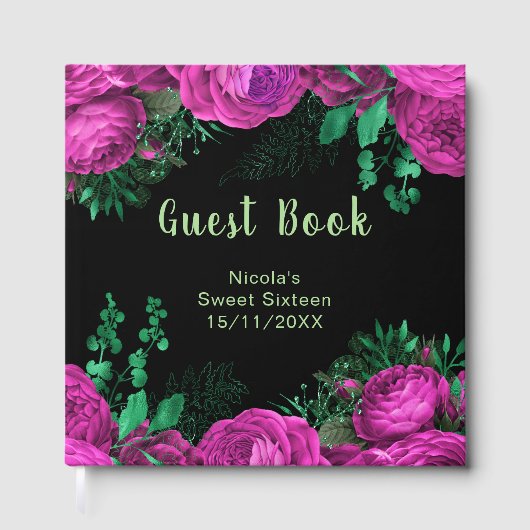Elegant Hot Pink Flowers Sweet Sixteen Gästebuch (Vorderseite)