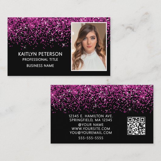 Elegant Hot Pink Glitter Photo QR Code  Visitenkarte (Vorne/Hinten)