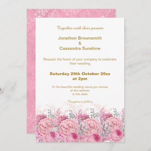 ELEGANT HÜBSCH PINK FLORAL DAMASK WEDD EINLADUNG (Vorne/Hinten)