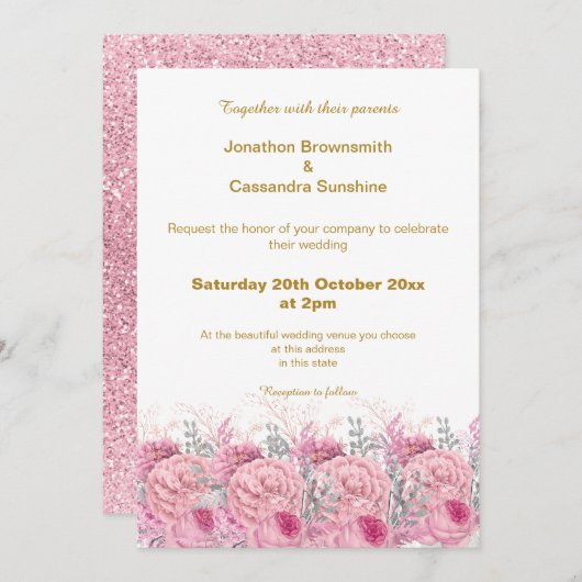 ELEGANT HÜBSCH PINK FLORAL GLITZER WEDD EINLADUNG (Vorne/Hinten)