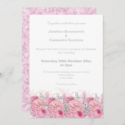 ELEGANT HÜBSCH PINK FLORAL MARBLE GLITZER WEDD EINLADUNG (Vorne/Hinten)