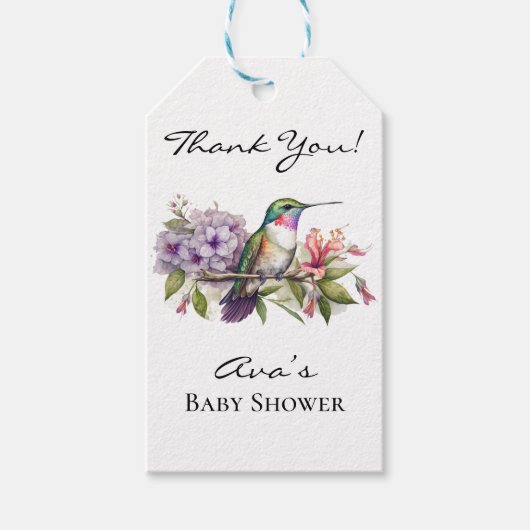 Elegant Hummingbird Lila Floral Girl Baby Shower Geschenkanhänger (Vorderseite)
