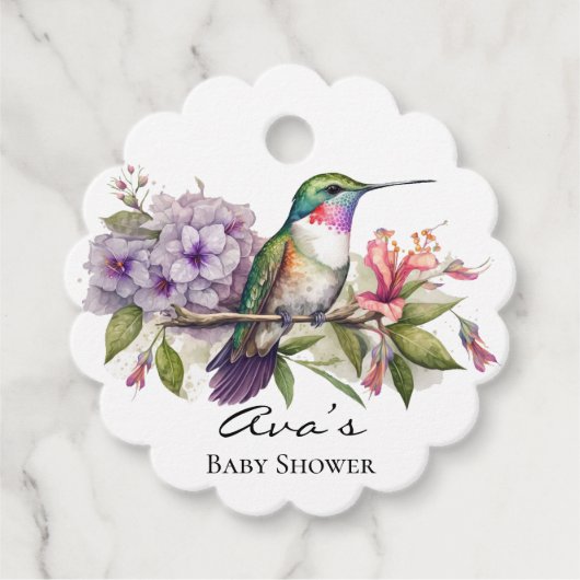 Elegant Hummingbird Lila Floral Girl Baby Shower Geschenkanhänger (Vorderseite)