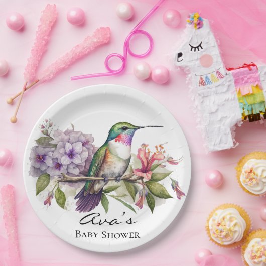 Elegant Hummingbird Lila Floral Girl Baby Shower Pappteller (Party)