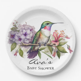 Elegant Hummingbird Lila Floral Girl Baby Shower Pappteller