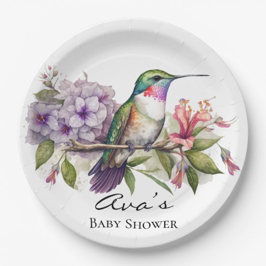 Elegant Hummingbird Lila Floral Girl Baby Shower Pappteller (Vorderseite)