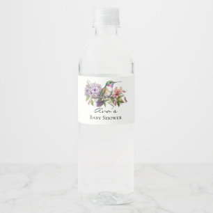 Elegant Hummingbird Lila Floral Girl Baby Shower Wasserflaschenetikett