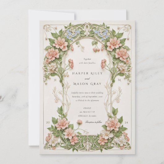 Elegant Hydrangea Art Nouveau Wedding Einladung (Vorderseite)