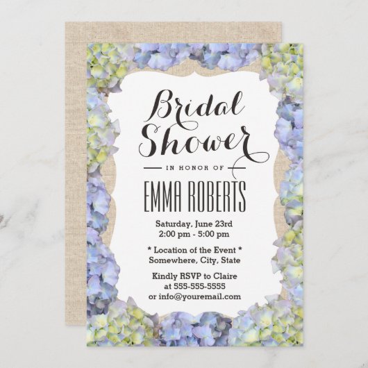 Elegant Hydrangea Blume Burlap Brautparty Einladung (Vorne/Hinten)