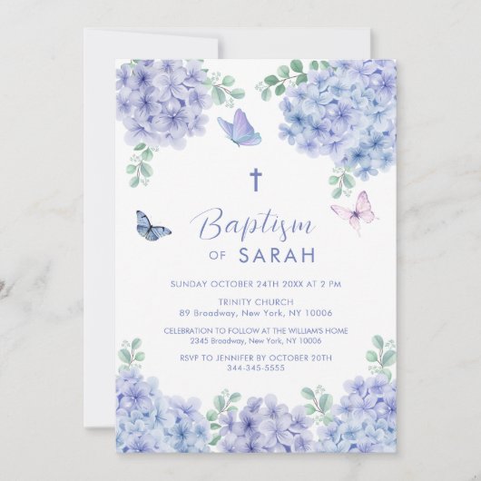 Elegant Hydrangea Blumengarten Cross Taufe Einladung (Vorderseite)