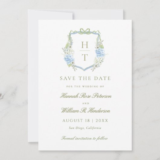 Elegant Hydrangea Crest Wedding  Save The Date (Vorderseite)