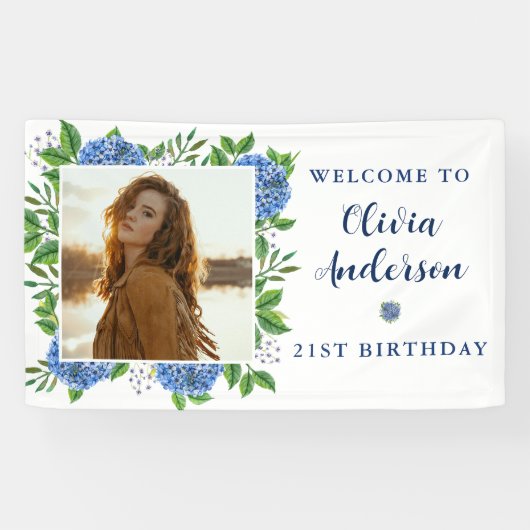 Elegant Hydrangea Custom Foto 21. Geburtstag Party Banner (Horizontal)