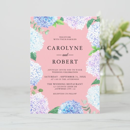 Elegant Hydrangea Floral Wedding Einladung (Stehend Vorderseite)