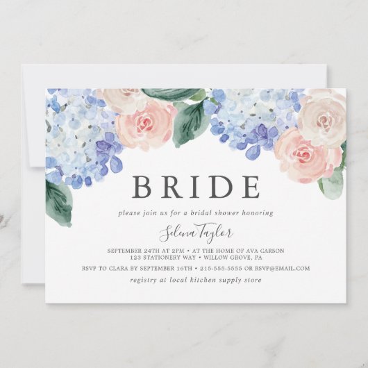 Elegant Hydrangea Horizontal Bride Brautparty Einladung (Vorderseite)
