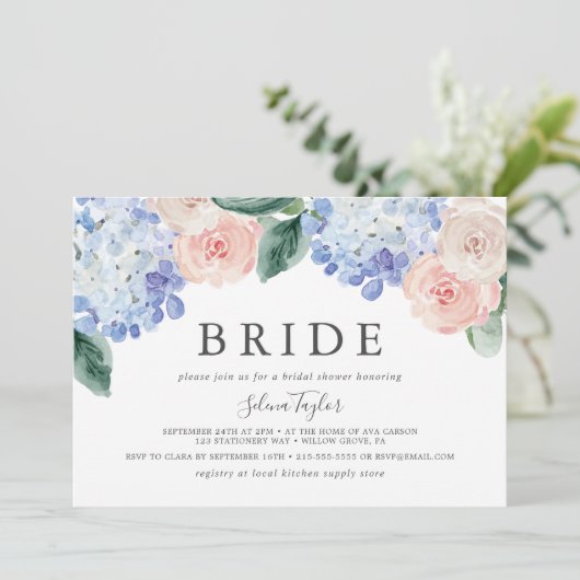 Elegant Hydrangea Horizontal Bride Brautparty Einladung (Stehend Vorderseite)