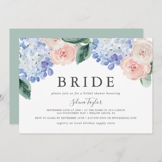 Elegant Hydrangea Horizontal Bride Brautparty Einladung (Vorne/Hinten)