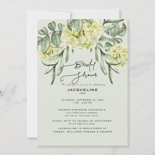Elegant Hydrangea Mint Bridal Dusche Einladung (Vorderseite)