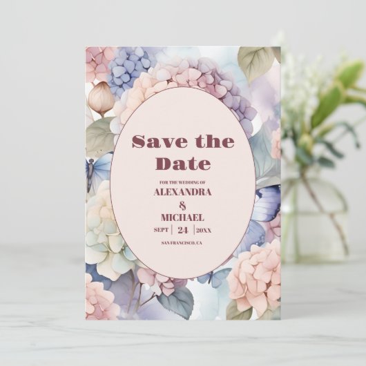 Elegant Hydrangea Wedding Save The Date (Stehend Vorderseite)