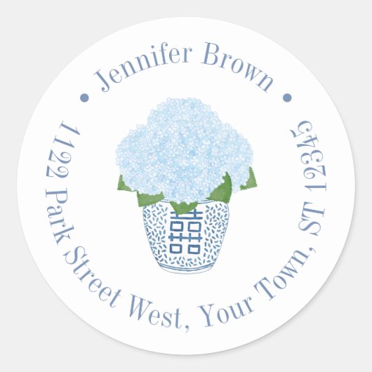 Elegant Hydrangeas Ginger Jar Rücksendeadresse Runder Aufkleber (Vorderseite)