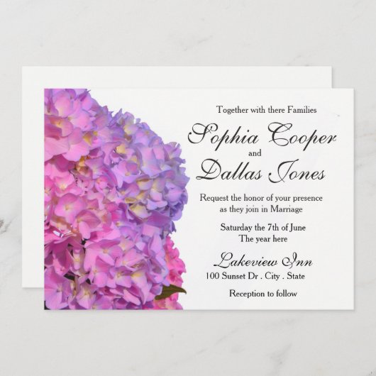 Elegant Hydrangeas rosa violette Blumen Hochzeit Einladung (Vorne/Hinten)