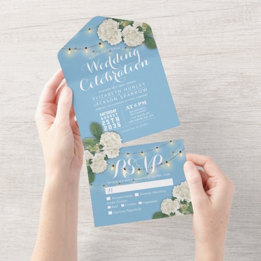 Elegant Hydrangeas String Lights Blue Wedding RSVP All In One Einladung (Abreißen)