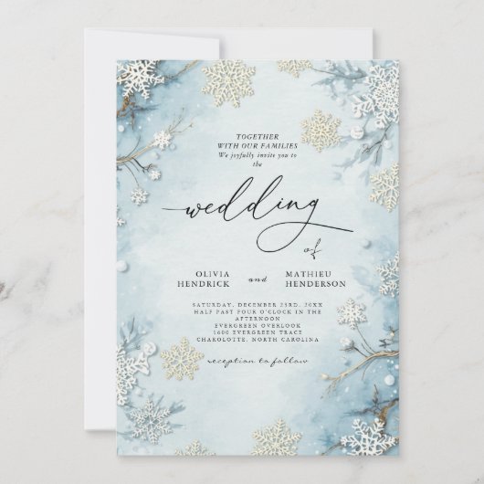Elegant Icy Blue Winter Floral Wedding Einladung (Vorderseite)