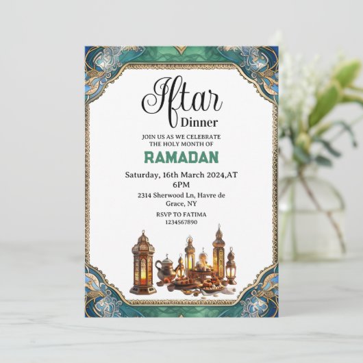 Elegant Iftar Dinner Party Ramadan 2025 Einladung (Stehend Vorderseite)