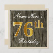 Elegant, Imitat-Holz, Imitat-Gold76. Geburtstag + Einladung (Vorne/Hinten)