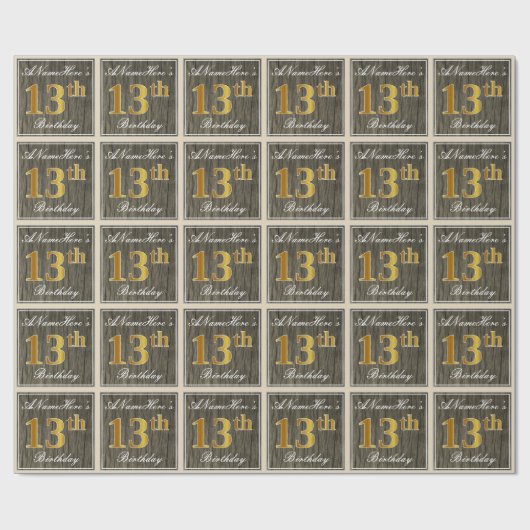 Elegant, Imitate Holz, Imitate Gold 13. Geburtstag Geschenkpapier (Flach)