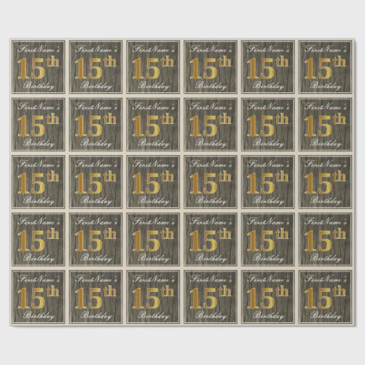 Elegant, Imitate Holz, Imitate Gold 15. Geburtstag Geschenkpapier (Flach)