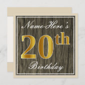 Elegant, Imitate Holz, Imitate Gold 20. Geburtstag Einladung (Vorne/Hinten)