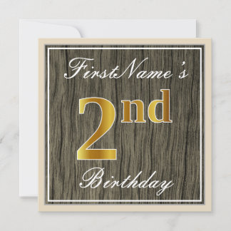 Elegant, Imitate Holz, Imitate Gold 2. Geburtstag  Einladung