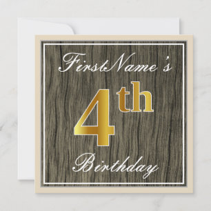 Elegant, Imitate Holz, Imitate Gold 4. Geburtstag  Einladung