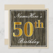 Elegant, Imitate Holz, Imitate Gold 50. Geburtstag Einladung (Vorne/Hinten)