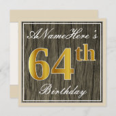 Elegant, Imitate Holz, Imitate Gold 64. Geburtstag Einladung (Vorne/Hinten)