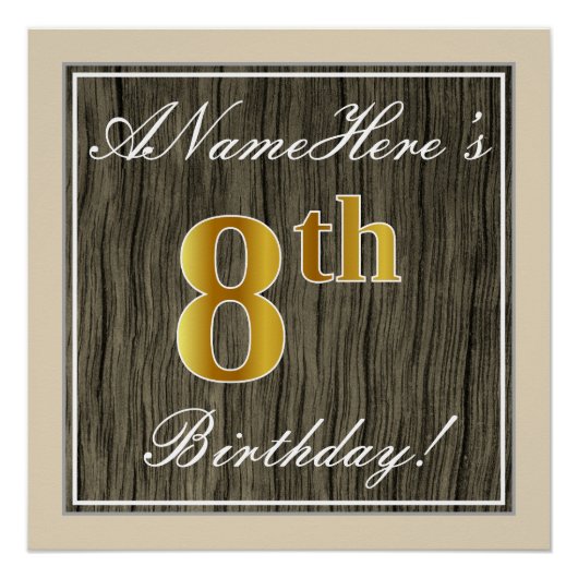 Elegant, Imitate Holz, Imitate Gold 8. Geburtstag Poster (Vorderseite)