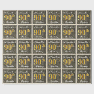 Elegant, Imitate Holz, Imitate Gold 90. Geburtstag Geschenkpapier