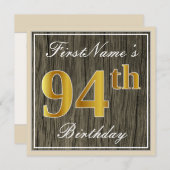 Elegant, Imitate Holz, Imitate Gold 94. Geburtstag Einladung (Vorne/Hinten)