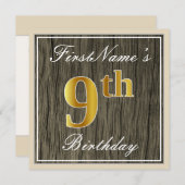 Elegant, Imitate Holz, Imitate Gold 9. Geburtstag Einladung (Vorne/Hinten)